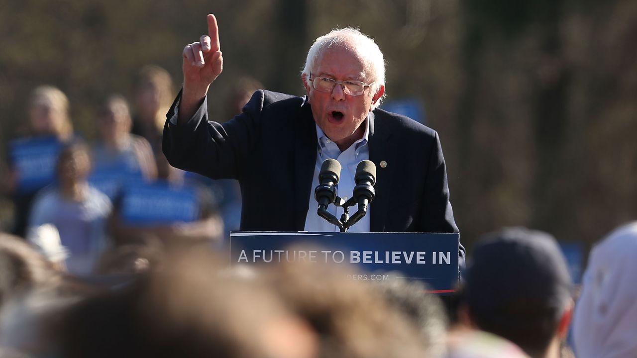 Democratic Presidential candidate Bernie Sanders speaks to throngs of supporters in Prospect Park to hear Democratic Presidential candidate Bernie Sanders speak on April 17, 2016 In the Brooklyn borough of New York City.