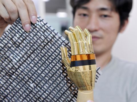 In 2008, Someya's team made the skin both flexible and stretchable, by incorporating into the design an elastic sheet containing carbon nano-tubes that can conduct electricity.  