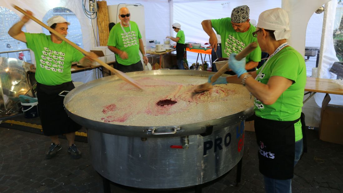 Gorgonzola is the birthplace of the famous blue cheese, which is honored by a food festival each September. Huge pots of boiling soft cheese mixed with red beet and blue Curacao liquor are prepared. 