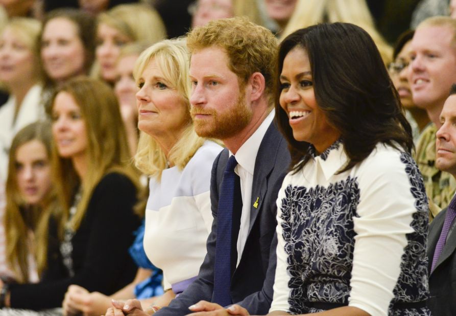 Jill Biden, Prince Harry and Michelle Obama at the Joining Forces Invictus Games 2016 Event at the Wells Fields House on October 28, 2015, in Fort Belvoir, Va.  