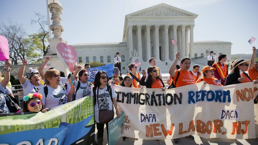 Supporters of fair immigration reform gather in front of the Supreme Court in Washington, Monday, April 18, 2016.