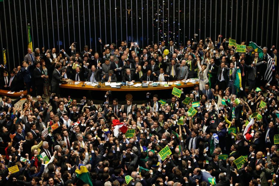 A total of 367 lawmakers in the lower house voted to impeach Rousseff, the country's first female president, by more than the two-thirds majority required by law.