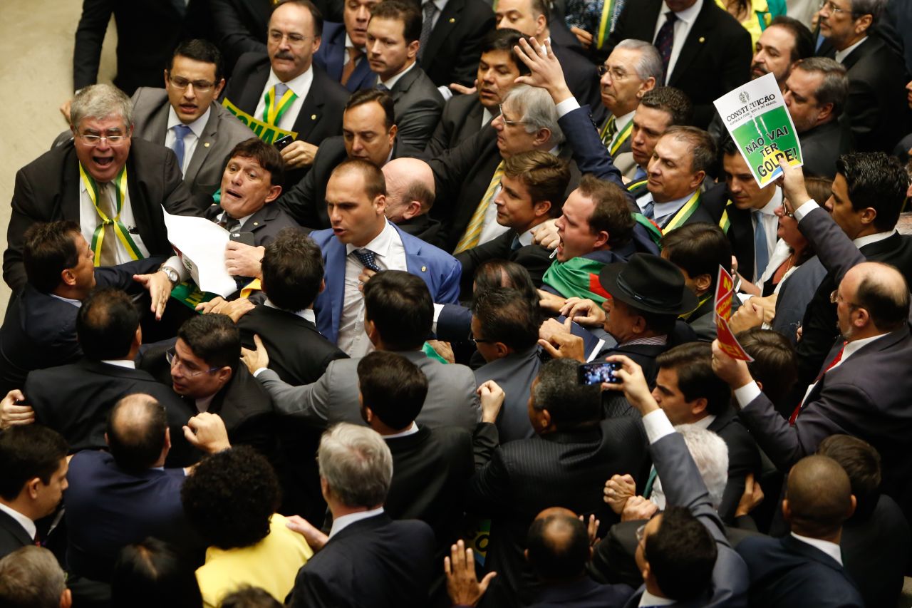 Brazilian lawmakers shouted, scuffled and even sang as they debated whether to impeach President Dilma Rousseff on Sunday. Over a period of six hours they eventually voted 367-137 to impeach the president.