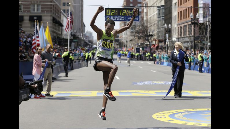 Lemi Berhanu Hayle of Ethiopia celebrates after <a href="index.php?page=&url=http%3A%2F%2Fwww.cnn.com%2F2016%2F04%2F18%2Fus%2F120th-boston-marathon%2Findex.html" target="_blank">winning the 120th Boston Marathon</a> on Monday, April 18. Hayle won the elite men's division in an unofficial time of 2:12:45.