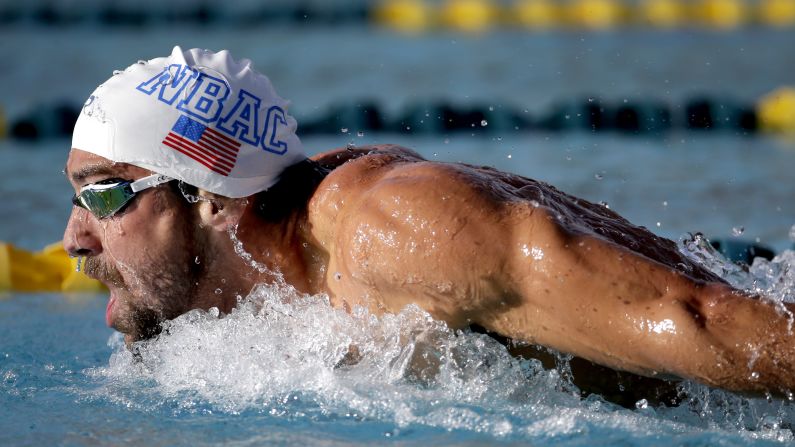 Michael Phelps competes in the 200-meter butterfly final at the Arena Pro Swim Series swim meet in Mesa, Arizona, on Friday, April 15.