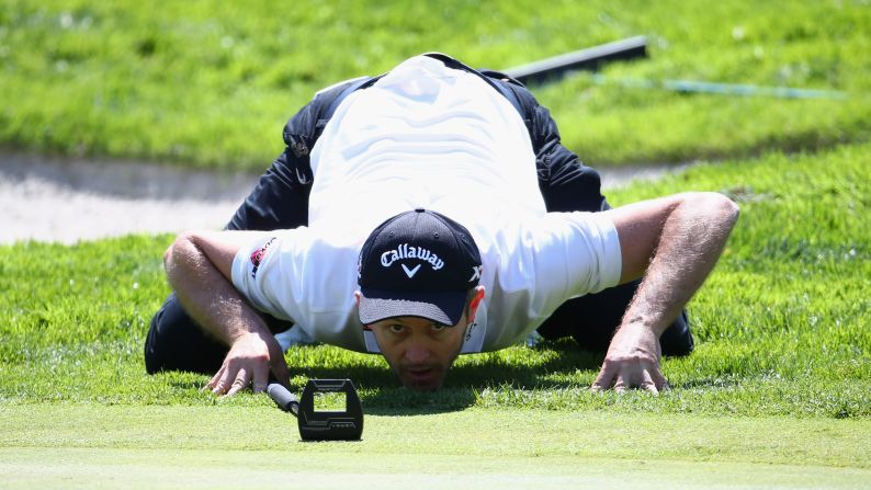Stuart Manley of Wales lines up a putt on the 9th green during day one of the Open de Espana at Real Club Valderrama in Sotogrande, Spain, on April 14. 
