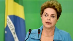 Brazilian President Dilma Rousseff speaks during a press conference at Planalto Palace in Brasilia on April 18, 2016.
President Rousseff said Monday that she is "outraged" by a vote in Congress to authorize impeachment proceedings against her and vowed to keep fighting. / AFP / EVARISTO SA        (Photo credit should read EVARISTO SA/AFP/Getty Images)