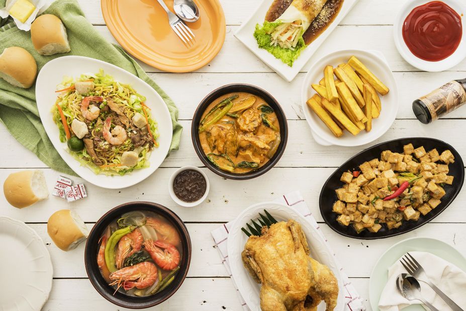 Max's fried chicken has long been a staple of Filipino family celebrations, along with other homegrown favorites such as (clockwise from top) lumpiang ubod, tokwa't baboy, sinigang na hipon, pancit, and kare-kare. 