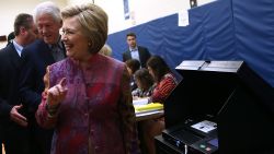 Democratic presidential candidate former Secretary of State Hillary Clinton and her husband former U.S. president Bill Clinton casts her ballot at Douglas Grafflin Elementary School on April 19, 2016 in Chappaqua, New York.