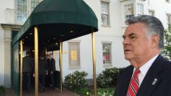 Rep. Peter King waits outside the Capitol Hill Club before a briefing from Republican National Committee Chairman Reince Priebus on the party's nominating rules.