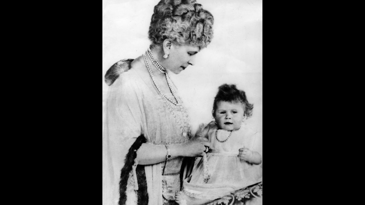 Queen Mary with her granddaughter Princess Elizabeth on the day of her 1st birthday, April 21, 1927. 