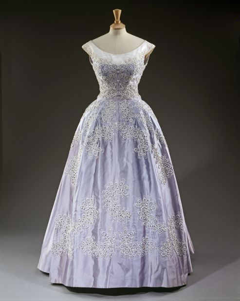 Pale blue silk faille evening gown by Norman Hartnell, worn at the Royal Lyceum, Edinburgh during the State Visit of King Olav of Norway. 