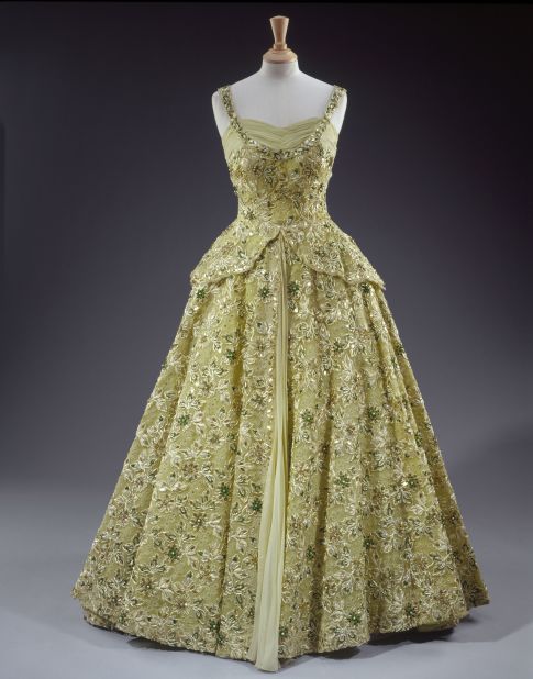 Evening gown embroidered with sequins, pearls, beads and diamante by Norman Hartnell, worn on a visit to the United States of America as a guest of President Eisenhower.