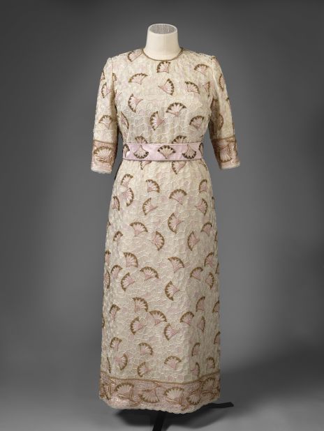 Silk evening dress entirely embroidered with beads and sequins with gold thread by John Anderson, worn to the Commonwealth Heads of Government reception held at the Palace of Holyroodhouse. 