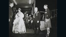 Sir Norman Hartnell, pale blue silk faille evening gown worn at the Royal Lyceum, Edinburgh, during the State Visit of King Olav of Norway in 1962.