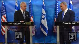 US Vice President Joe Biden (L) and Israeli Prime Minister Benjamin Netanyahu give joint statements to press in the prime minister's office in Jerusalem on March 9, 2016. 