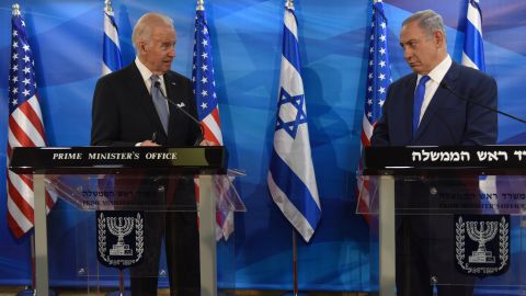 Then-Vice President Biden and Israeli Prime Minister Benjamin Netanyahu give joint statements to the press in Jerusalem in March 2016. 