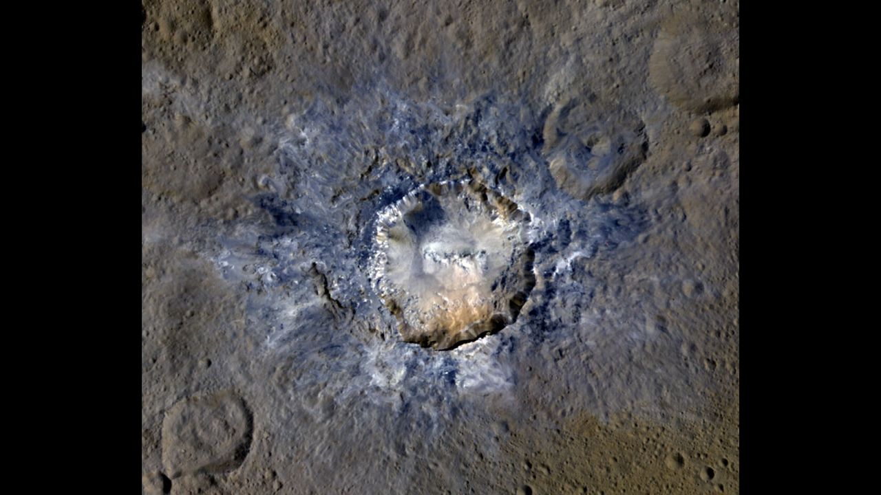 On April 19, NASA released new images of bright craters on Ceres. This photo shows the Haulani Crater, which has evidence of landslides from its rim. Scientists believe some craters on the dwarf planet are bright because they are relatively new. 