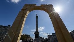 LONDON, ENGLAND - APRIL 19:  A replica of the Triumphal Arch at Palmyra is unveiled in Trafalgar Square on April 19, 2016 in London, England. The 2000 year old arch in the Syrian city of Palmyra was destroyed by Islamic State forces in October 2015. The replica is intended as an act of defiance against ISIS. (Photo by Chris Ratcliffe/Getty Images)