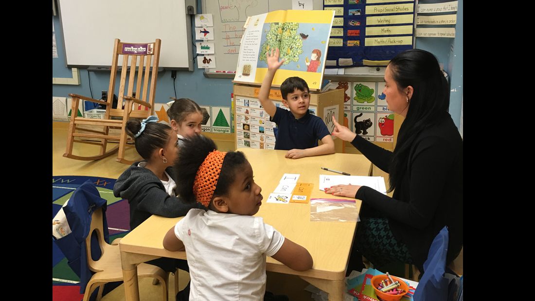 Kindergarten teacher Amy Colt does a guided reading lesson at P.S. 94.