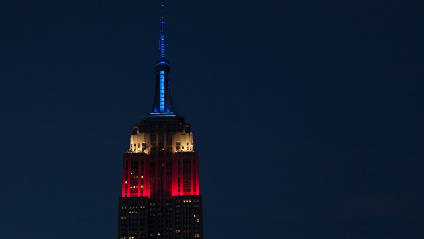 The Empire State Building is lit in red, white, and blue lights marking the New York Primary Tuesday.