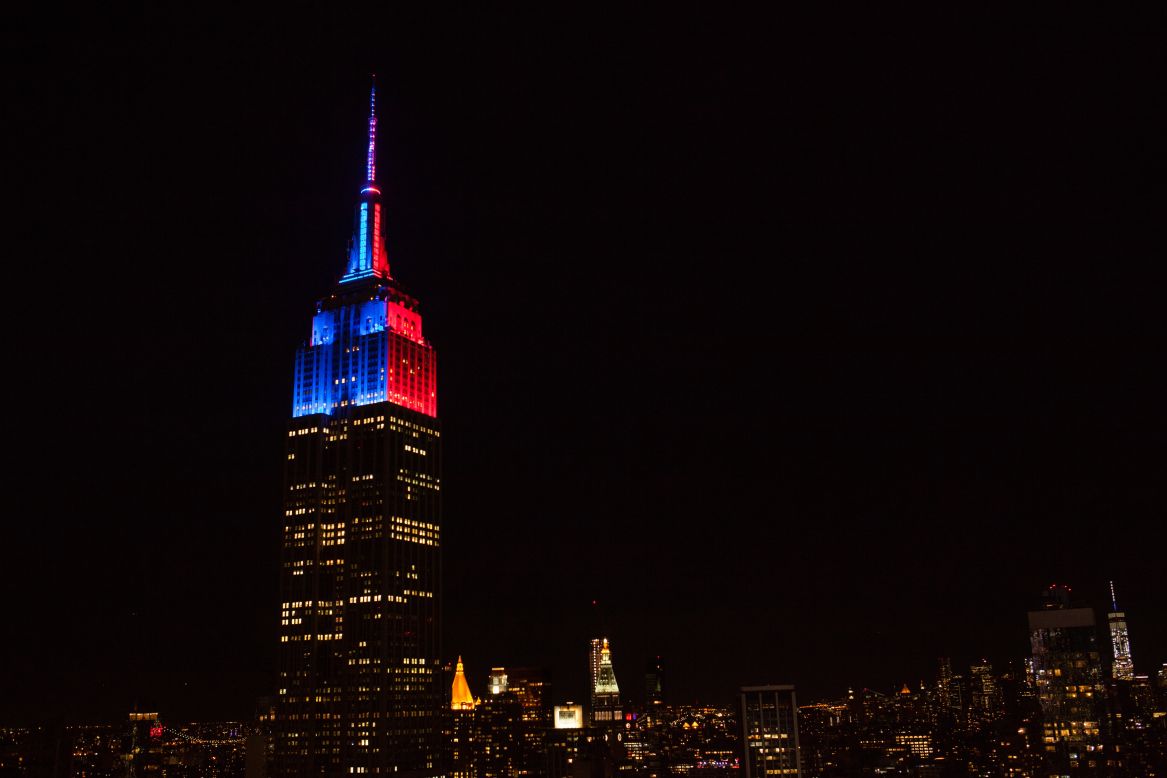 The Empire State Building is lit with red and blue lights following the 2016 New York Primary on April 19.