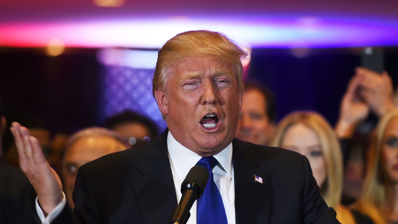 US Republican presidential candidate Donald Trump speaks following victory in the New York state primary on April 19, 2016 in New York City.