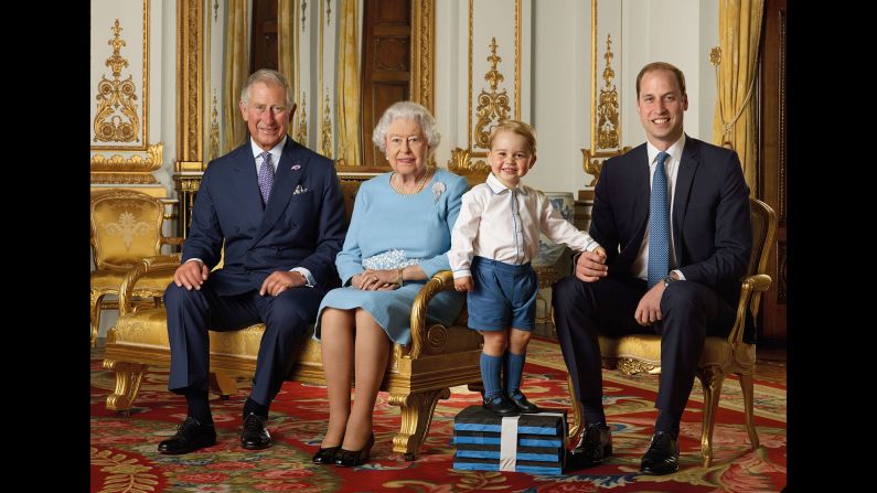 Prince George gets a boost from some foam blocks for a special family photo in April 2016. The portrait, featuring the four generations of the House of Windsor, was commissioned by the Royal Mail and would be featured on a series of stamps to commemorate the Queen's 90th birthday. 