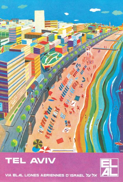 Goldman is particularly fond of the carrier's posters, which were often designed by famous artists. This poster depicting Tel Aviv was designed by landscape painter Peri Rosenfeld. 