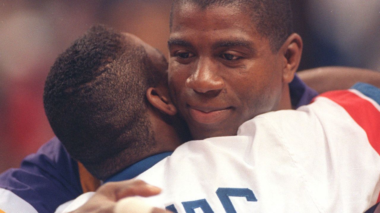 Magic Johnson, seen here hugging guard Isiah Thomas before the 42nd All Star Game at Orlando Arena in 1992, announced November 7, 1991, that he was retiring from the NBA  at age 32 after contracting HIV. That 1992 All-Star Game was the first game of the season for Johnson after his retirement. He also was part of the 1992 "Dream Team" that won gold in the Summer Olympics in Barcelona. Johnson briefly returned to the NBA during the 1996 season but retired permanently after that, at age 36.