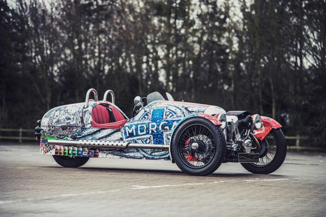 British artist Ian Cook (aka PopbangColour) gave Morgan's retro classic 3-wheeler a unique makeover in 2015. He describes his work as a "friendly explosion of color".