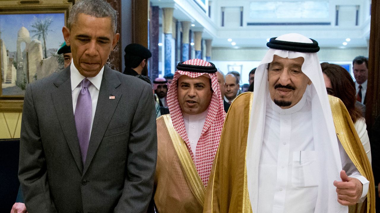 President Barack Obama and Saudi King Salman walk to a April 20 meeting in Riyadh.