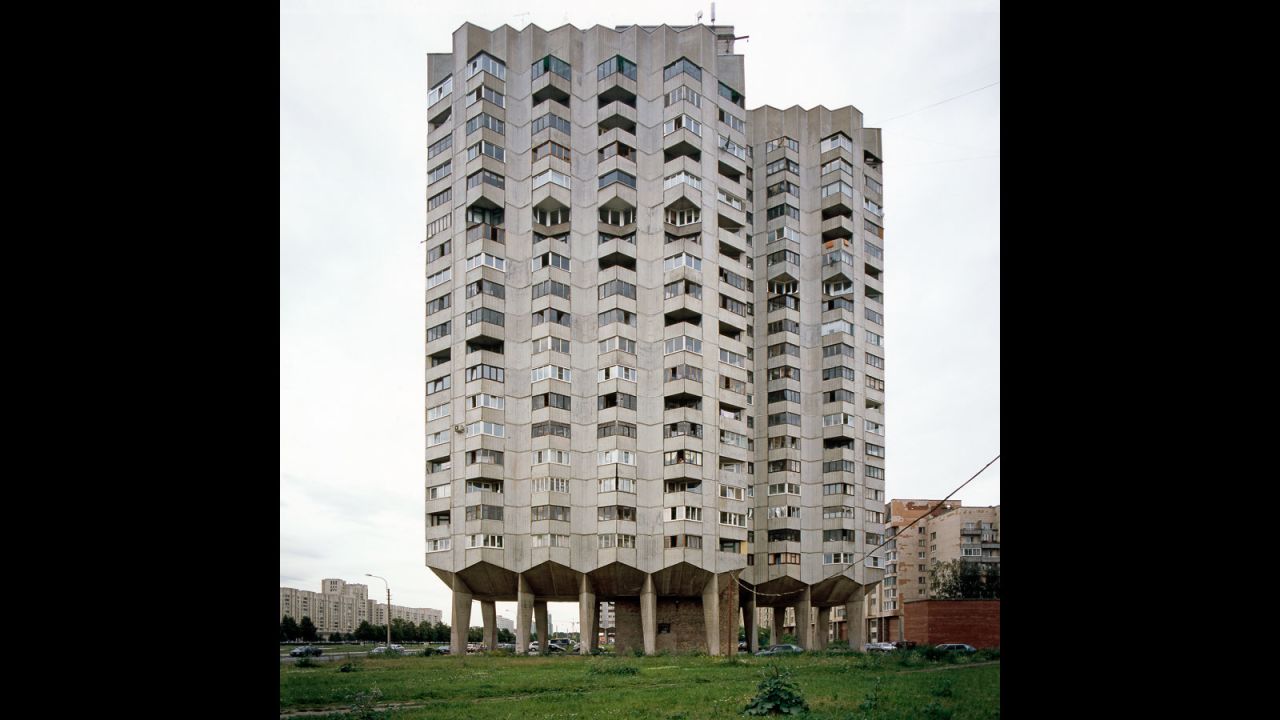 Warsaw resident Grospierre sourced many of his 200 Modernist buildings in Poland and the former Eastern Bloc. Many of the Brutalist works that feature were "large-scale housing estates done very cheaply," he says, a factor that has contributed to their poor condition today.