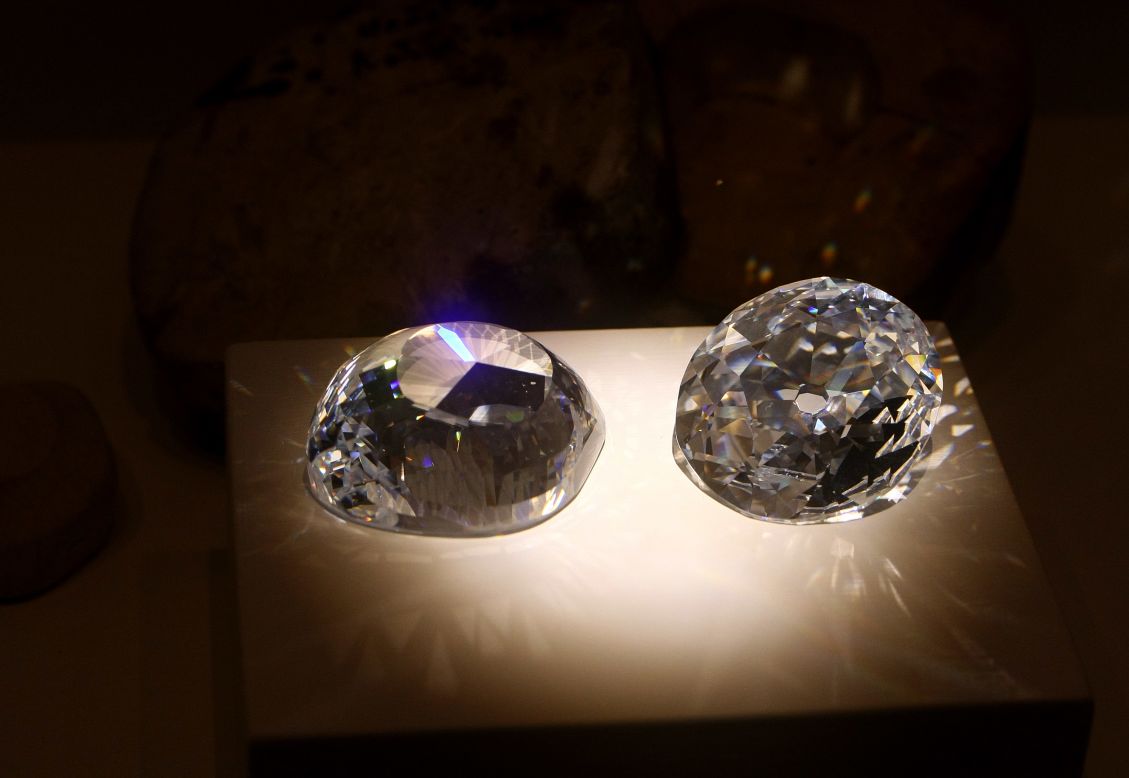 Cubic zirconia replicas of the original and a modern cut of the Kohinoor diamond, one of the oldest and most famous diamonds in the world.<br />