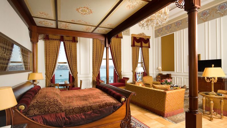 The suite, which can go for $35,000 a night, is furnished with 19th-century antiques that once graced a real sultan's home.