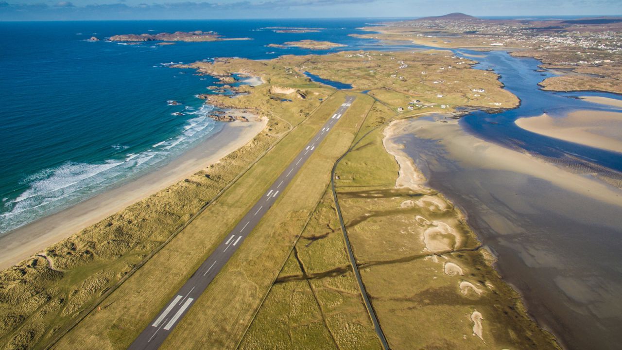 In Ireland, the Donegal Airport approach flies over Carrickfinn beach and majestic Mount Errigal.