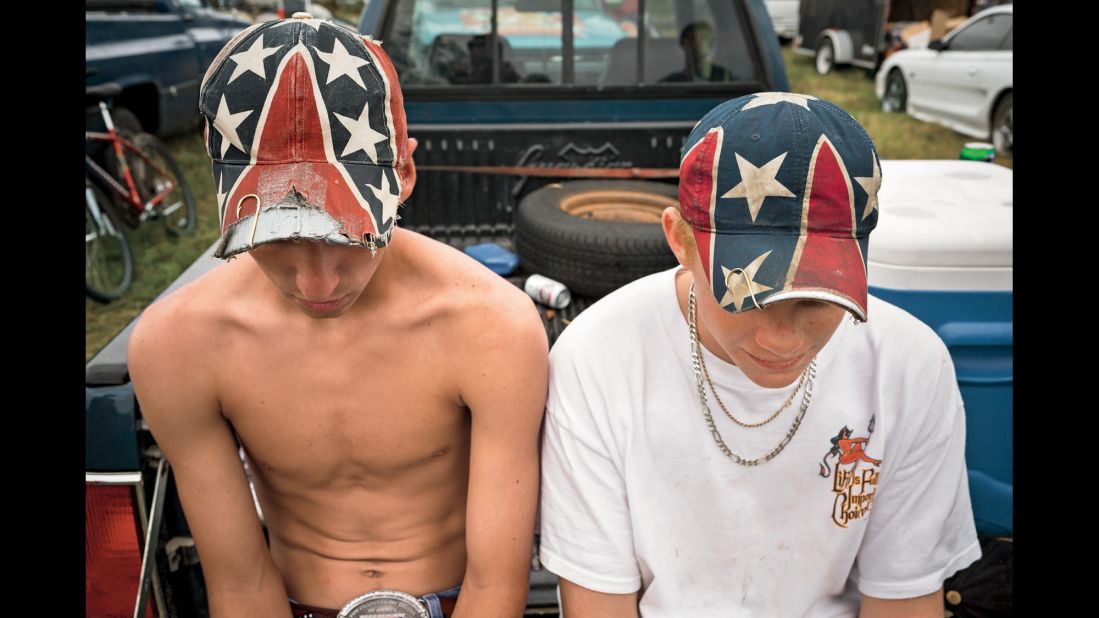 Fishing hooks adorn these hats that resemble the Confederate flag.