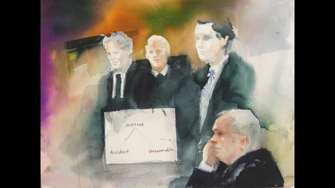 Courtroom sketch from right to left: Defendant Robert Bates, assistant district attorney Kevin Gray, District Judge William J. Musseman, Jr., defense lawyer Clark Brewster. 