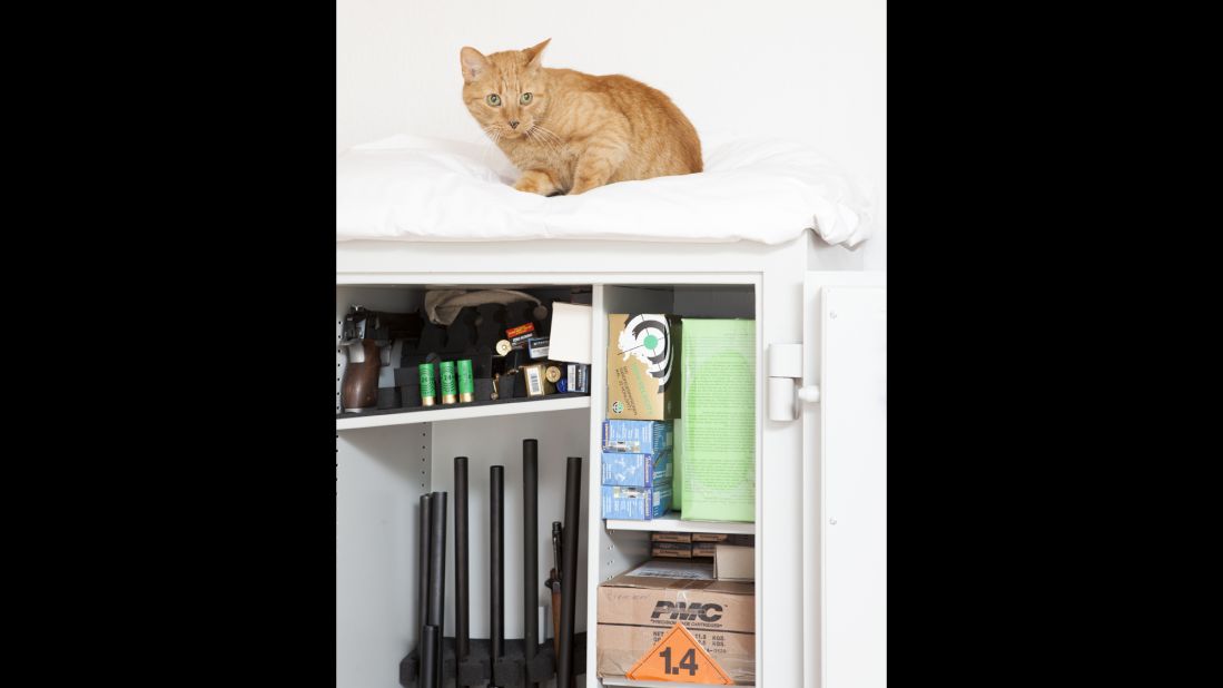 Ohmen's cat sleeps on top of his weapon closet.