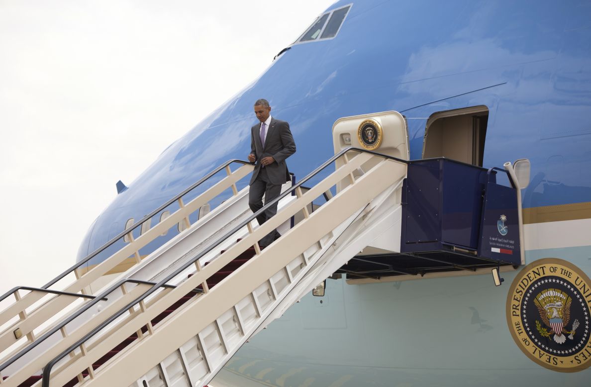 Obama arrives on Air Force One at King Khalid International Airport in Riyadh on April 20. Saudi King Salman did not greet the President on his arrival. The perceived slight was seen as one more sign that the U.S.-Saudi relationship is encountering friction.