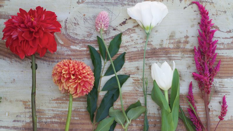 Song visits local farmer's markets to purchase a variety of flowers, including dahlias, tulips and lisianthus. These came from <a href="http://www.3porchfarm.com/" target="_blank" target="_blank">3 Porch Farm</a> in Athens, Georgia.
