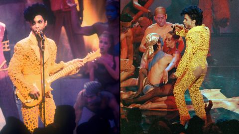 Showing some skin -- Prince and The New Power Generation perform "Gett Off" at the 1991 MTV Video Music Awards in Los Angeles. This revealing yellow jumpsuit was arguably one of his more outrageous outfits.<br />