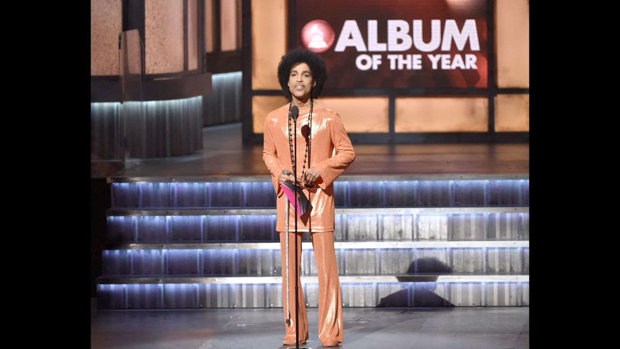 Tangerine dreams - Prince in another monochrome outfit, speaking onstage during The 57th Annual Grammys, February 8, 2015.<br />