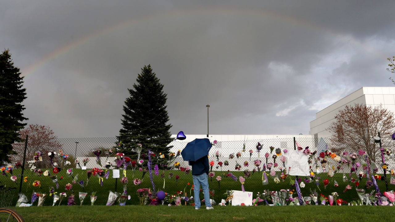 A rainbow appears over Paisley Park near a memorial for Prince in Chanhassen, Minnesota, on Thursday, April 21.