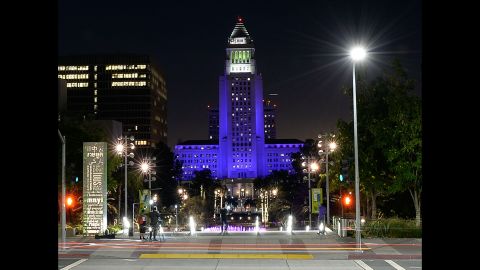 Los Angeles City Hall is bathed in purple light in memory of Prince on April 21.