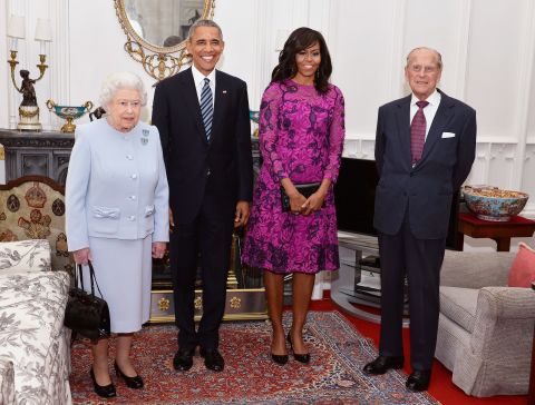 Elizabeth, the President, the first lady and Philip pose for a photograph in the Oak Room ahead of a private lunch at Windsor Castle on April 22, 2016. 