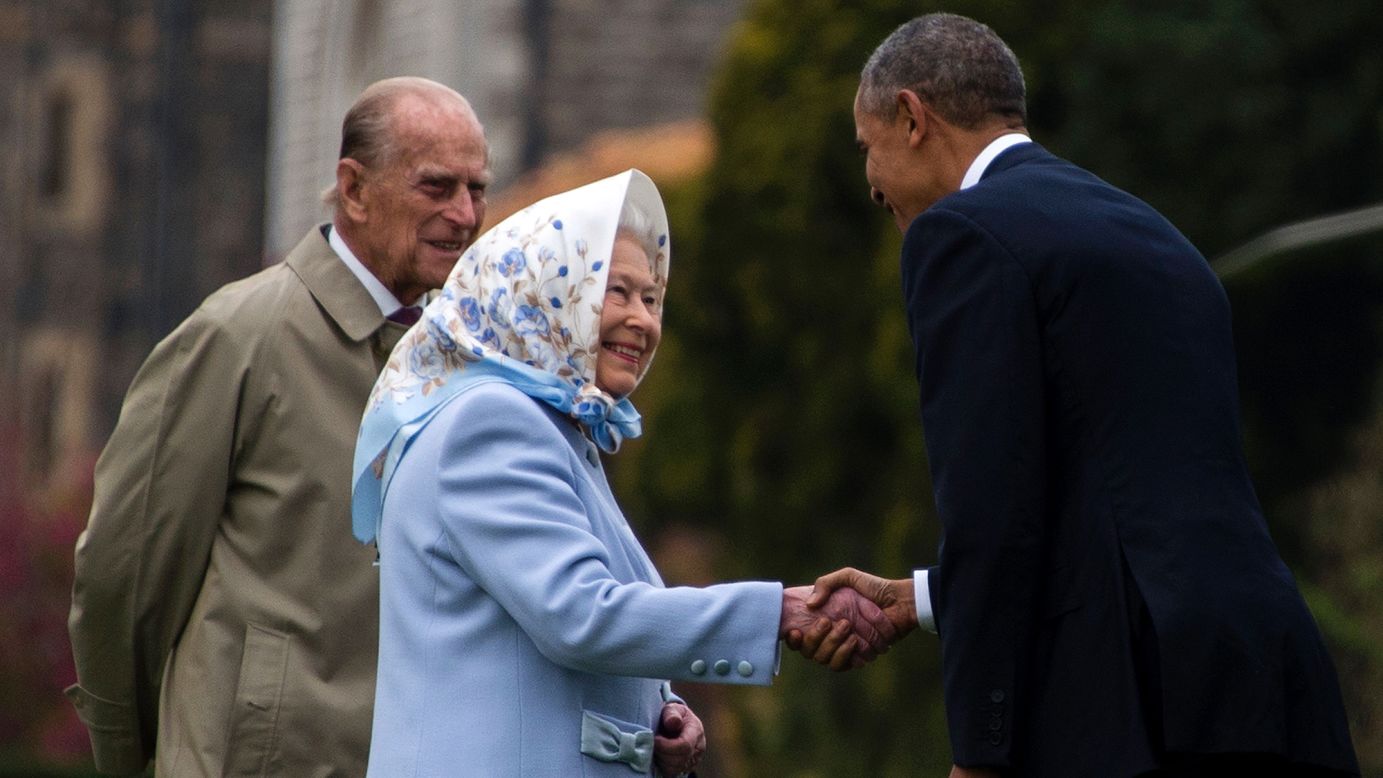 Queen Elizabeth II and her husband, Prince Philip, greet Obama outside Windsor Castle on Friday, April 22.  