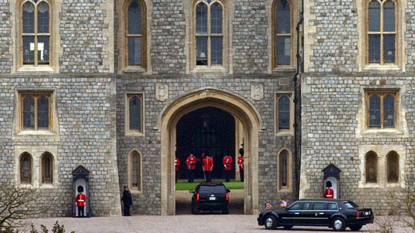 A motorcade drives the Obamas to Windsor Castle for lunch with Queen Elizabeth II on April 22. 