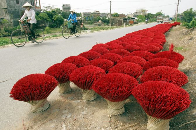 Incense sticks placed for drying in Vietnam, where making and trading incense sticks is an old business linked to the Buddhist culture and tradition.