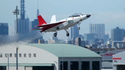 The X-2 advanced technological demonstrator plane of the Japanese Air Self-Defence Force takes off at Komaki Airport in Komaki, Aichi prefecture, Japan on Friday, April 22.
